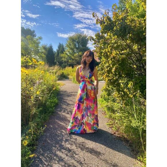 LIV FOSTER Tie Dye Multicolor Floral Abstract Side Cutout A-Line Gown Size 10 - Picture 10 of 16